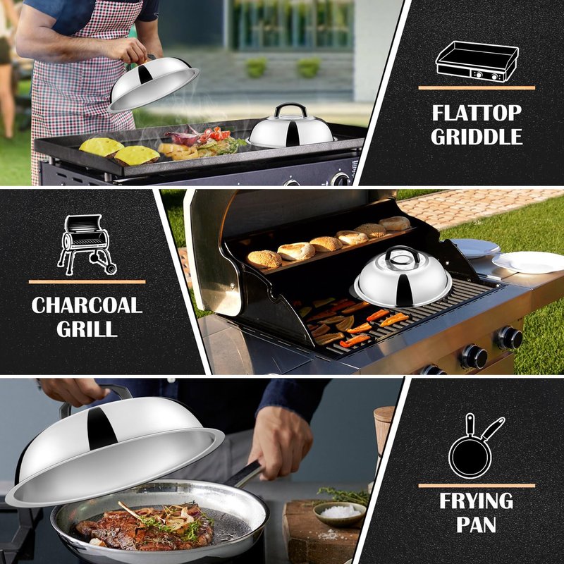 11.5 in Cheese Melting Dome Set of 2, Joyfair Basting Cover for Griddle, Stainless Steel Melt Lid with Heat-Proof Handle, Heavy Duty Griddle Accessories for Outdoor Flat top Grilling, Dishwasher Safe