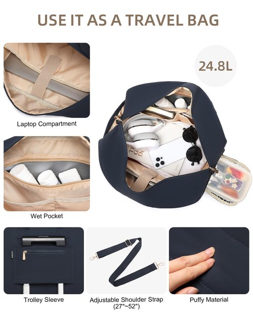 Lunch Tote Bag for Women Work, 17.3 Inch Laptop Purse with Insulated Lunch Compartment Coin Wallet for Meal, Large Puffy Quilted Travel Duffle Bag Blue