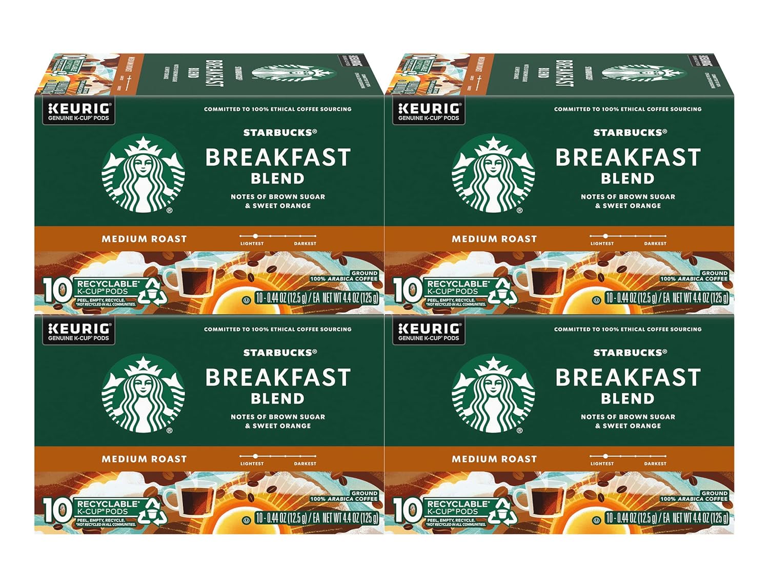 Starbucks Breakfast Blend Medium Roast Coffee K-Cup Pods - 40 Count | Convenient Pack of 4 Boxes