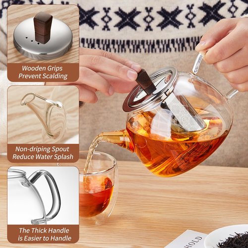 DOPUDO 34OZ/1000ml Glass Teapot with Stainless Steel Infuser, Drip-Free Spout, and Wooden Knob Lid – Stovetop Safe Borosilicate Tea Kettle for Loose Leaf and Herbal Tea Brewing