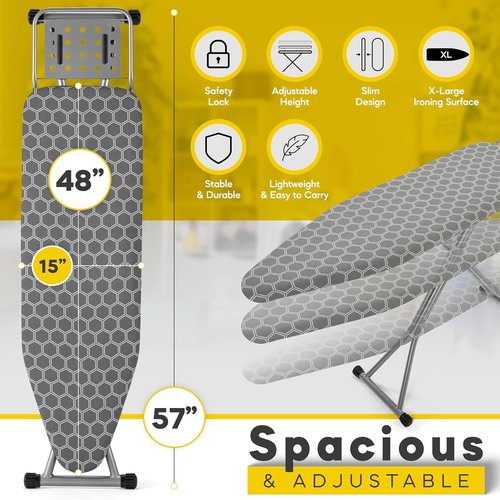 Full Size Ironing Board - Sturdy 57" L x 15" W Design with Adjustable Height & Heat Resistant Cover - Silver Gray