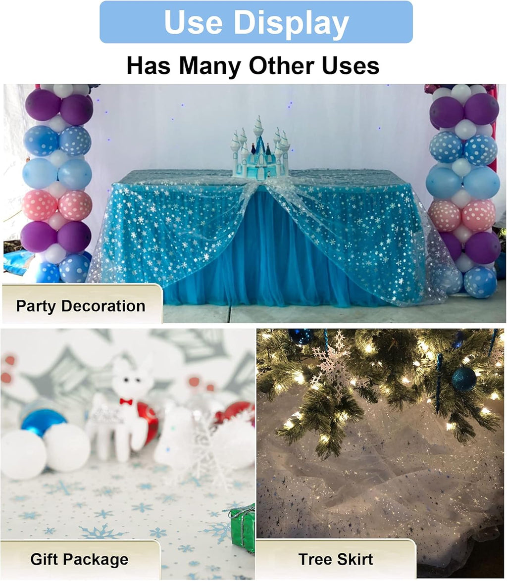 SUJAYU Snowflake Organza Fabric - Sheer Silver Foil Tablecloth & Christmas Tree Skirt (59" x 118", Blue)