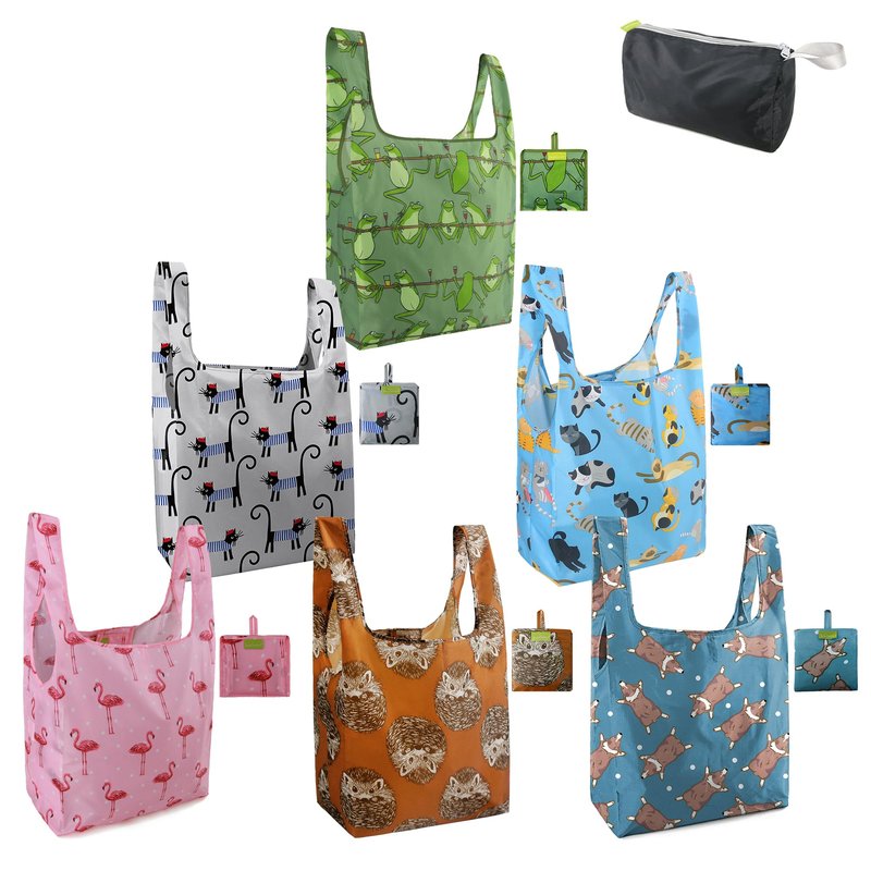 BeeGreen Animals Lover Gifts for Women Animals Reusable Grocery Bags Shopping Bags Bulk 6 Pack 50LBS X-Large Foldable Hedehog Cats Dogs Frog