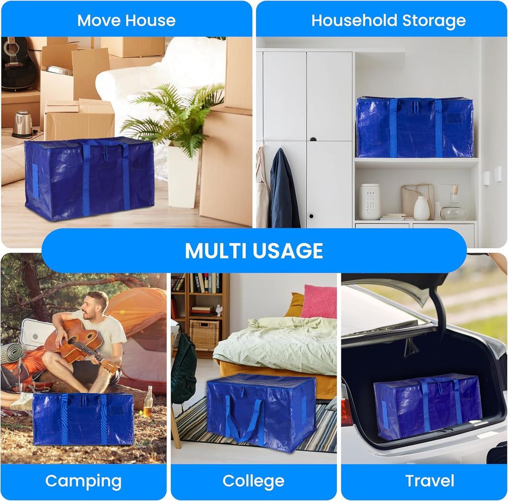 Simple Deluxe Heavy Duty Moving Bags - Extra Large Storage Totes with Lids & Zipper | Blue, 4 Pack