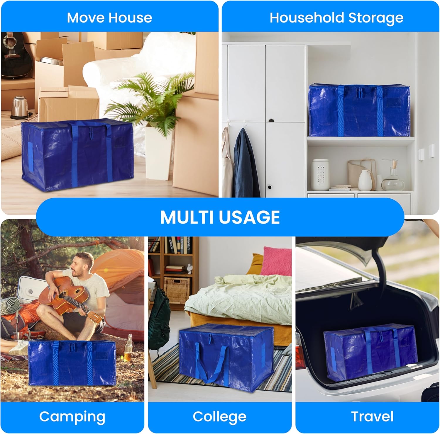 Simple Deluxe Heavy Duty Moving Bags - Extra Large Storage Totes with Lids & Zipper | Blue, 4 Pack