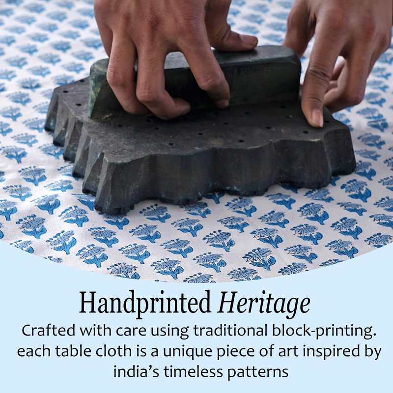 CPC Apatite Blue Block Print Cotton Handmade Round Tablecloth 60 Inch Decorative Table Cover for Home Decor, Dinning, Festive, Wedding, Farmhouse Gift for Spring, Mother's Day