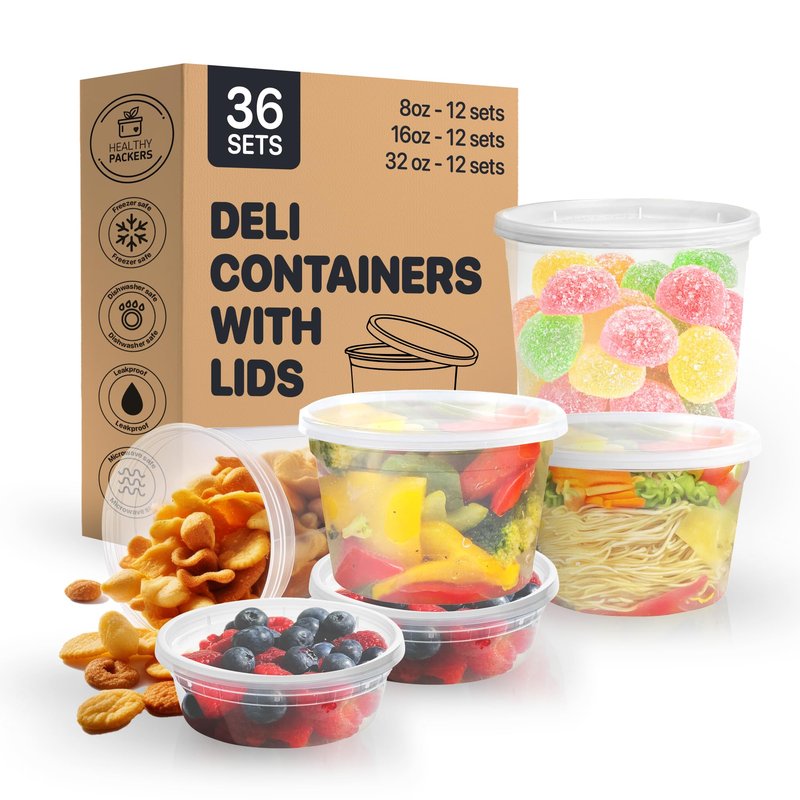 Healthy Packers Food Storage Containers with Airtight Lids - Clear Plastic Food Storage Jars - BPA Free| Leakproof - Microwaveable - Reusable - Dishwasher & Freezer Safe (8oz, 16oz, 32oz) 36 Pack
