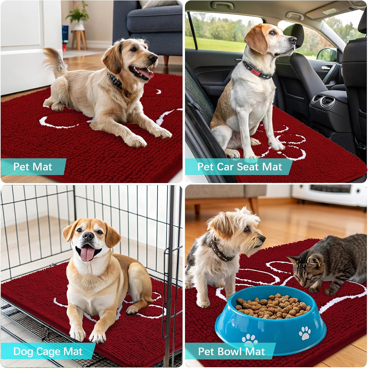 OLANLY Dog Door Mat - Absorbent Non-Slip Mud Mat for Paws | 24x16 Inches, Quick Dry Chenille, Red