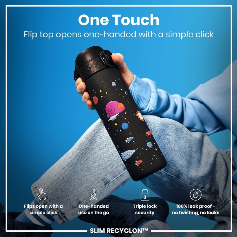 Ion8 Water Bottle, 500 ml/18 oz, Leak Proof, Easy to Open, Secure Lock, Dishwasher Safe, BPA Free, Hygienic Flip Cover, Carry Handle, Easy Clean, Odor Free, Carbon Neutral, Black, Spaceships Design