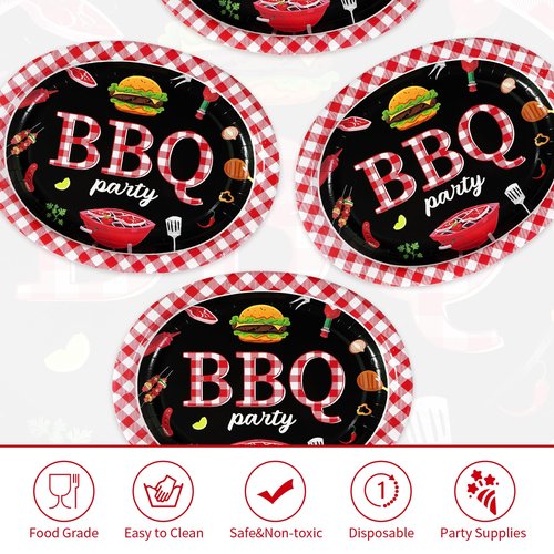 Grencian 50 Pcs BBQ Birthday Party Supplies 10" × 12" Large Red Gingham and Black BBQ Oval Paper Plates Disposable Heavy Duty BBQ Party Plates for Picnic Barbecue Baby Shower Birthday Decorations