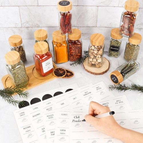 Keketin 16 Pack 6 oz Glass Spice Jars with Bamboo Lids and Spice Labels,Empty Square Seasoning Bottles,180ml Glass Spice Container with Shaker Lids and Funnel