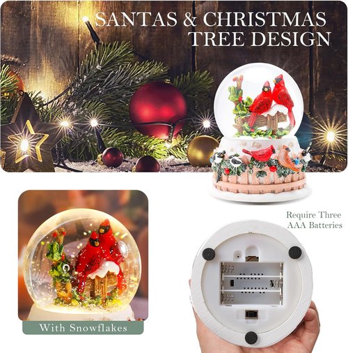 Bdor Christmas Cardinal Snow Globe - LED Lights & Music | 4.53" x 4.53" x 5.51" | 2 Modes: Color Changing & Warm Glow