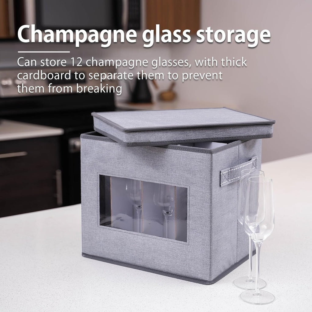 VENO Champagne Flute Glass Storage Box - 2 Pack with Lid & Handles | Organizer for 12 Glasses