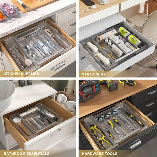 Sedegn Silverware Organizer Metal Mesh, Drawer Organizer, Utensil Cutlery Tray Expandable Flatware Organizer with 7 Compartment Silver 9.6"~16.1" x 13.8"