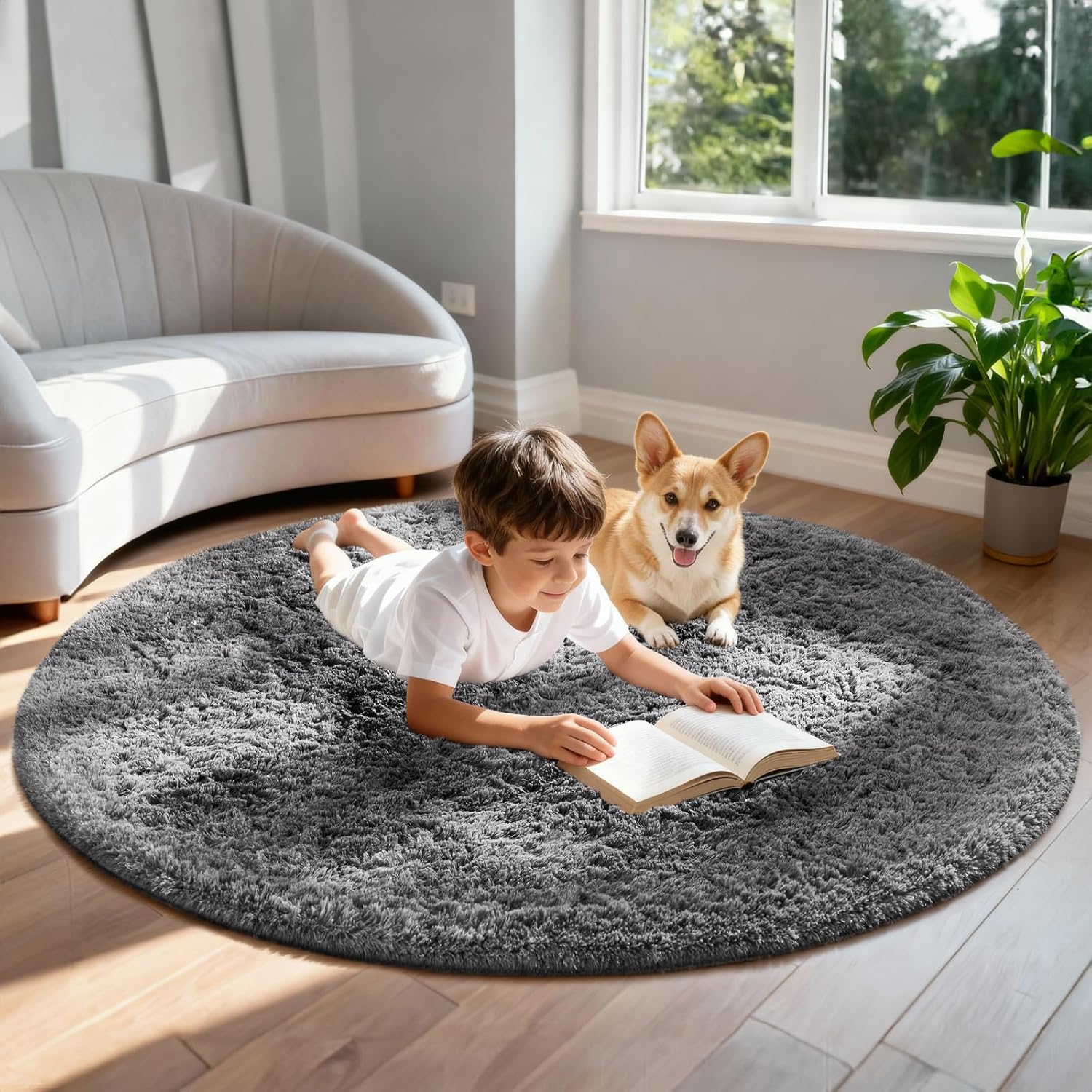 Ophanie Round Rug - 6Ft Grey Circle Area Rug | Plush Shag Carpet for Bedroom & Nursery Decor