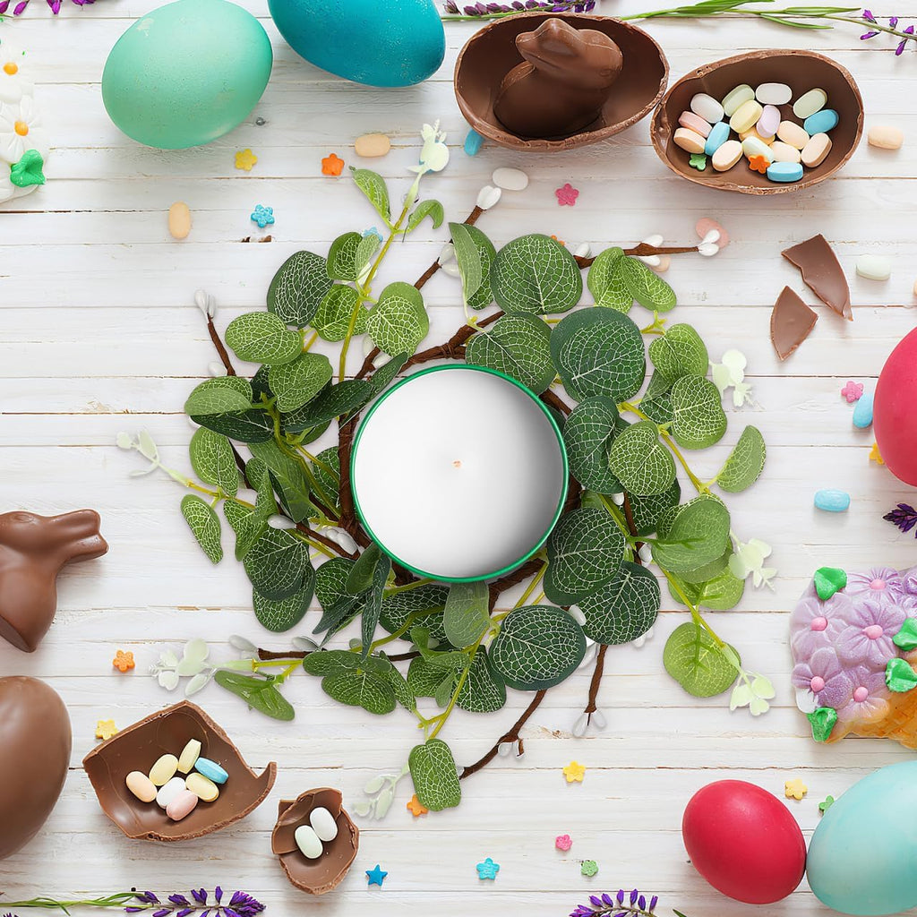 Zerodeko Easter Candle Ring Set - Eucalyptus Leaves Wreath Pillar Holders | Mini Green Decor 8cm