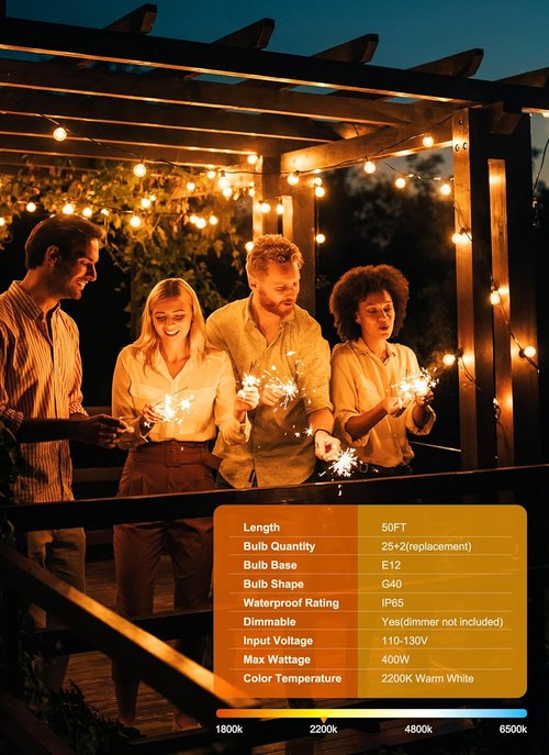 Brightown Outdoor String Lights - 50FT Shatterproof Globe LED Lights | IP65 Waterproof & Dimmable for Patio, Backyard, Bistro, Deck