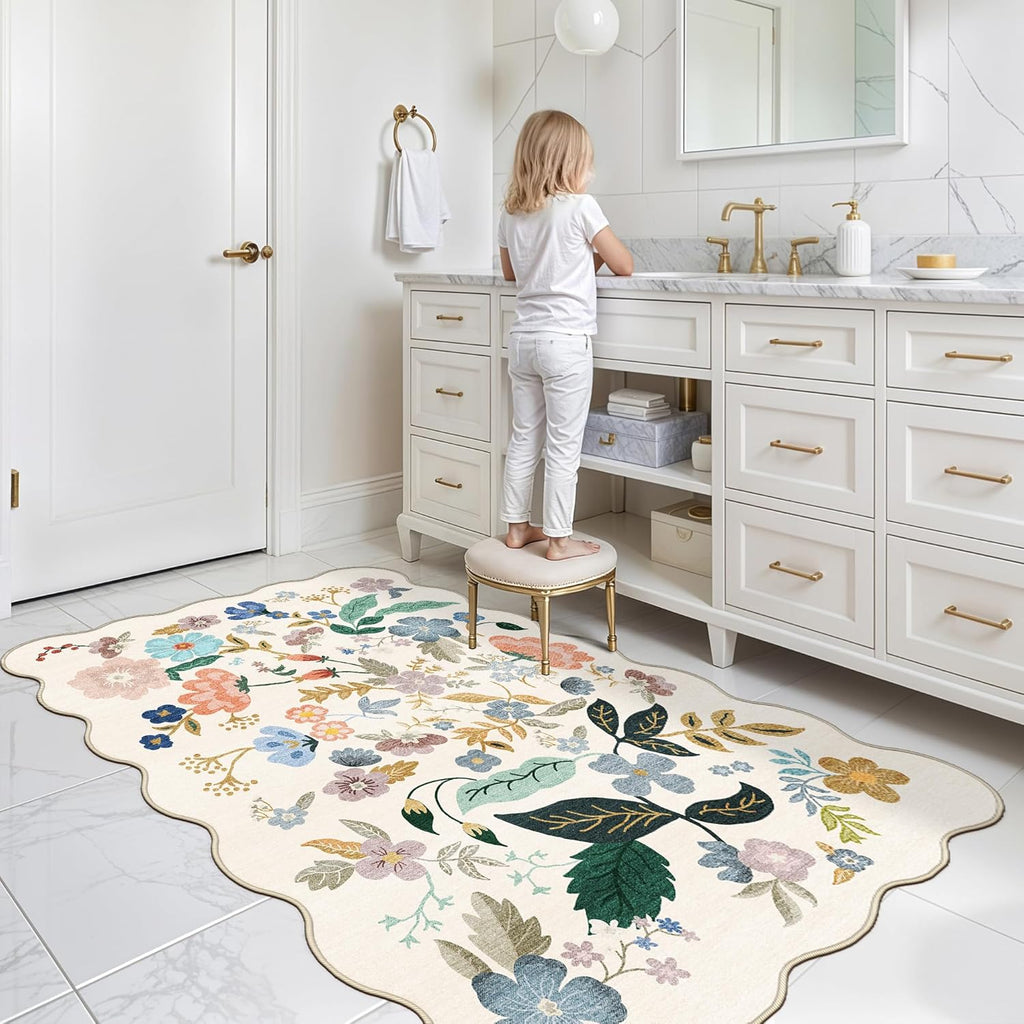 Skiennix Washable 3x5 Area Rug - Ultra Soft Floral Design | Lightweight Anti-Slip Doormat for Indoor Use (Cream)