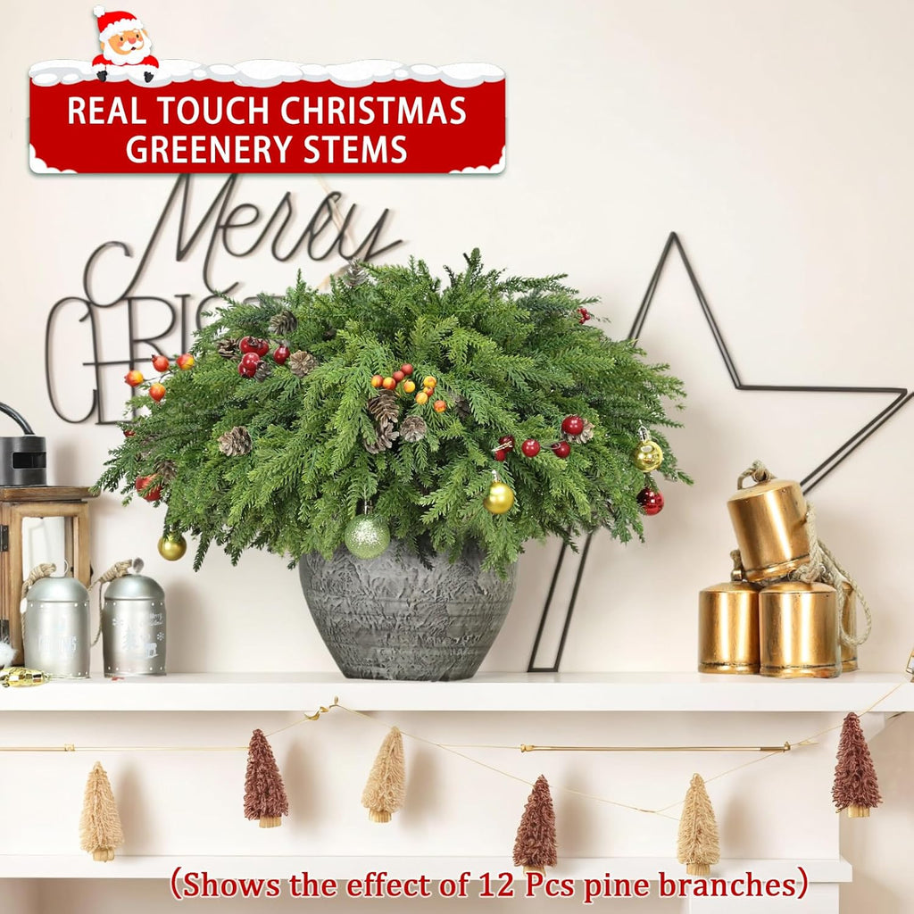 Skiennix Christmas Greenery Stems - Realistic Pine & Cedar Picks with Pinecones | 6 Pcs for Home Decor
