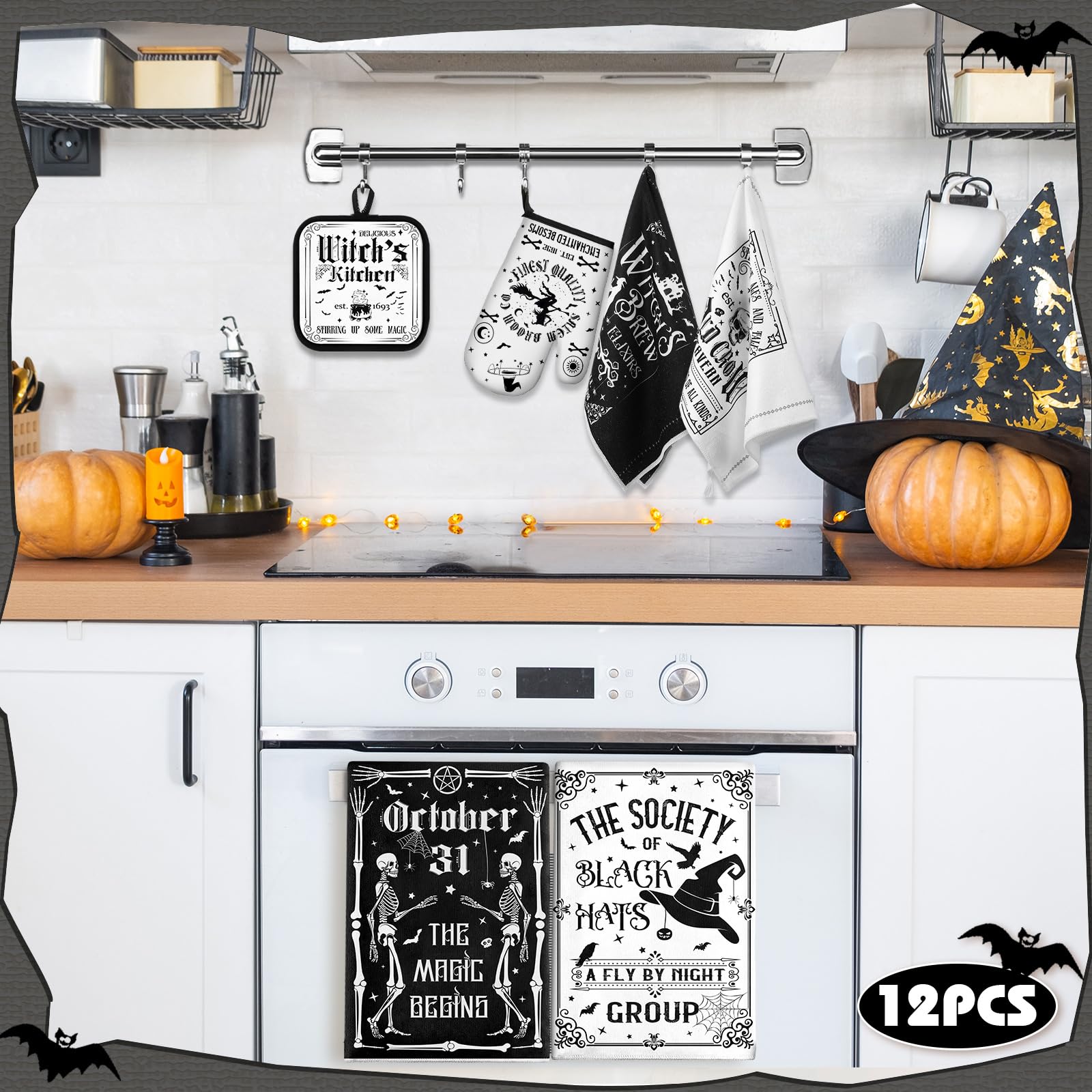 SiliFine 12 Pcs Oven Mitts and Kitchen Towel Sets 4 Dish Towels 4 Potholders 4 Vintage Resistant Glove for Cooking Baking Home Gifting(Goth Black and White)