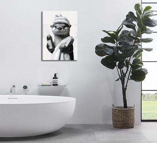 Funny Bathroom Otter Canvas Wall Art - Cute Black and White Otter Painting | 12x16in Home Decor