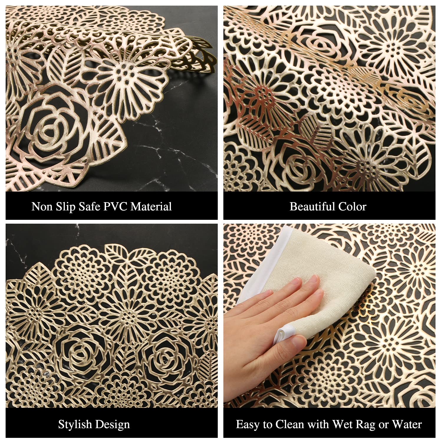10 Pcs Round Pressed Vinyl Placemats Gold Placemat Metallic Place Mat Non Slip Flower Table Mats for Wedding Dinner Party Table Supplies Decorations Washable Heat Resistant (Gold Flower, 10)
