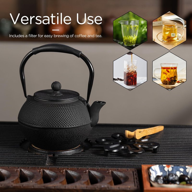 GUANGHEIRON Cast iron Teapot, Tea Kettle for Stovetop Safe with Stainless Steel Infuser, Japanese Hand-made Tea Pot Coated with Enameled Interior for 42oz, 1200ml Black