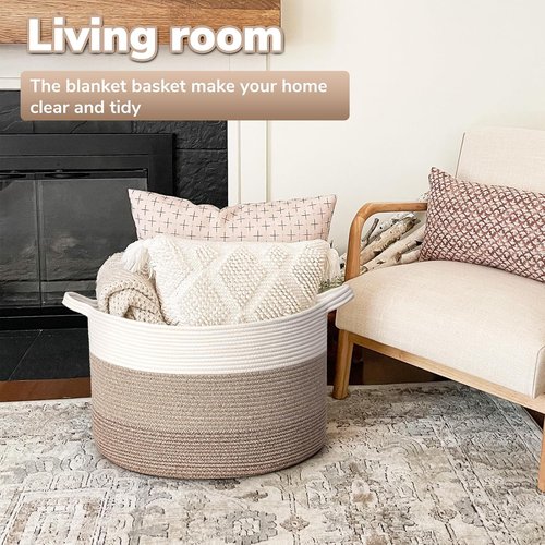 Goodpick Large Woven Rope Laundry Basket - Stylish Storage for Blankets & Toys | 21.7'' x 13.8'', Light Brown