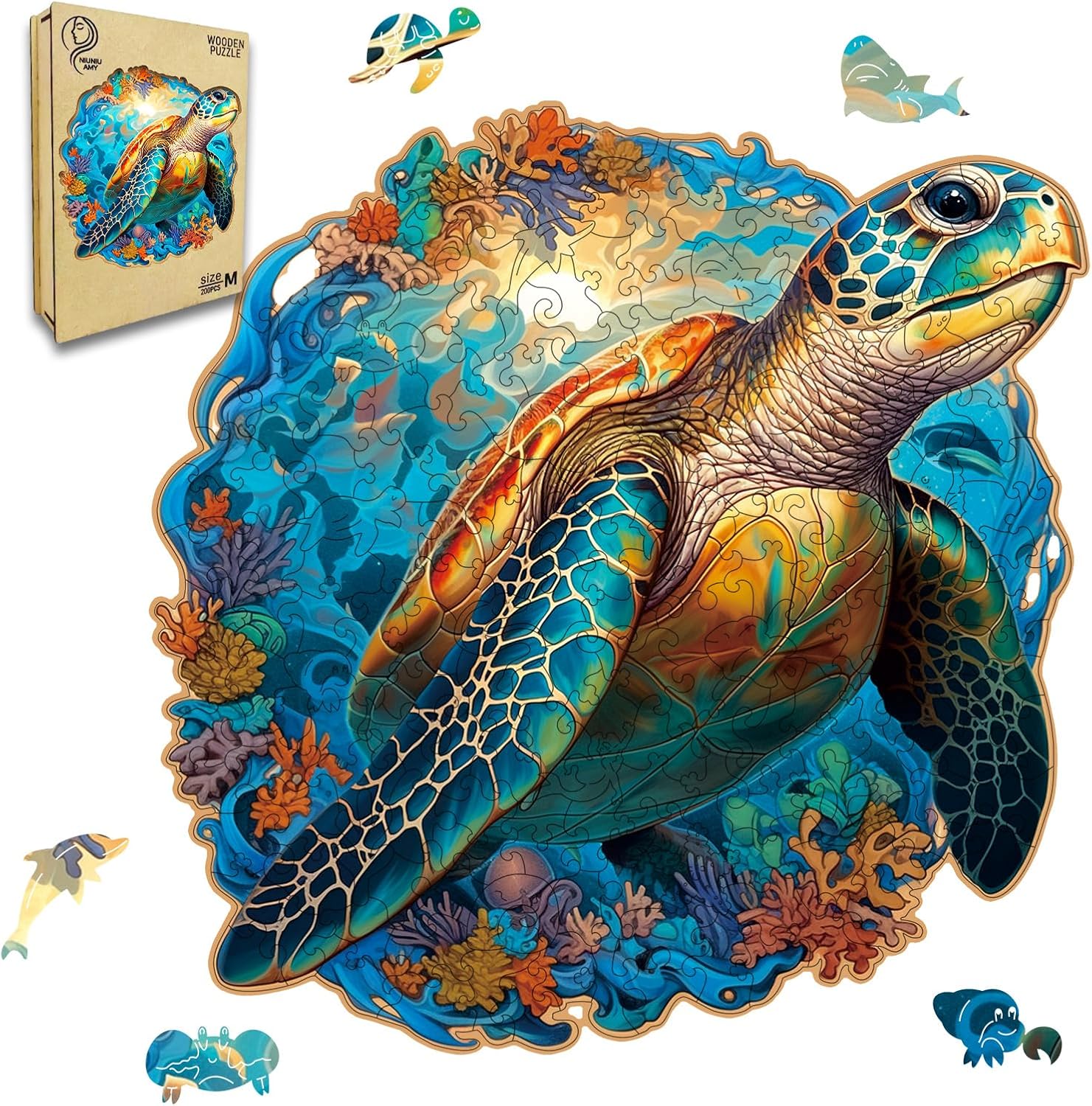 Skiennix Coral Sea Turtle Jigsaw Puzzle - 200 Piece Fun Family Game | Unique 11 x 11 Inch Design