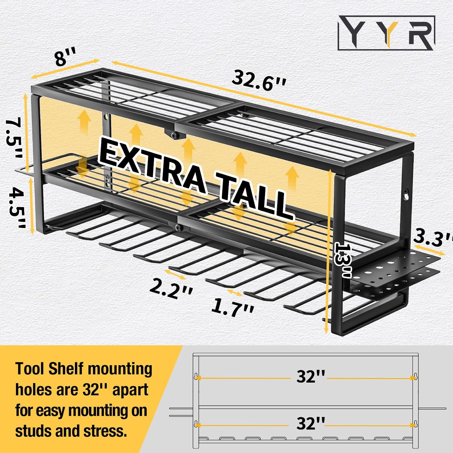 YYR Heavy Duty Power Tool Organizer - Wall Mount Cordless Drill Hanger & Charging Station | 32 Inch, 8 Slots for Garage & Workshop