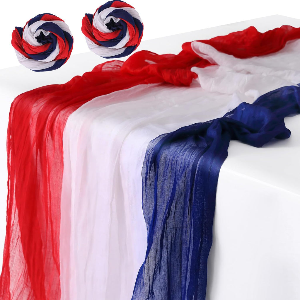 RunNico Cheese Cloth Table Runner - 120 x 38 Inch Rustic Red, White & Blue for Patriotic Decor