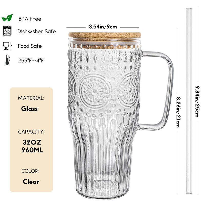 Bandesun 32oz Vintage Glass Cup with Handle with Bamboo Lids and Straws - Borosilicate Glass Tumbler for Hot and Cold drinks