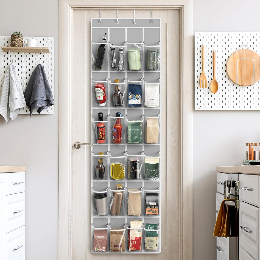 Simple Houseware 24 Pockets Over The Door Hanging Shoe Organizer - Crystal Clear, Gray (64'' x 19'')