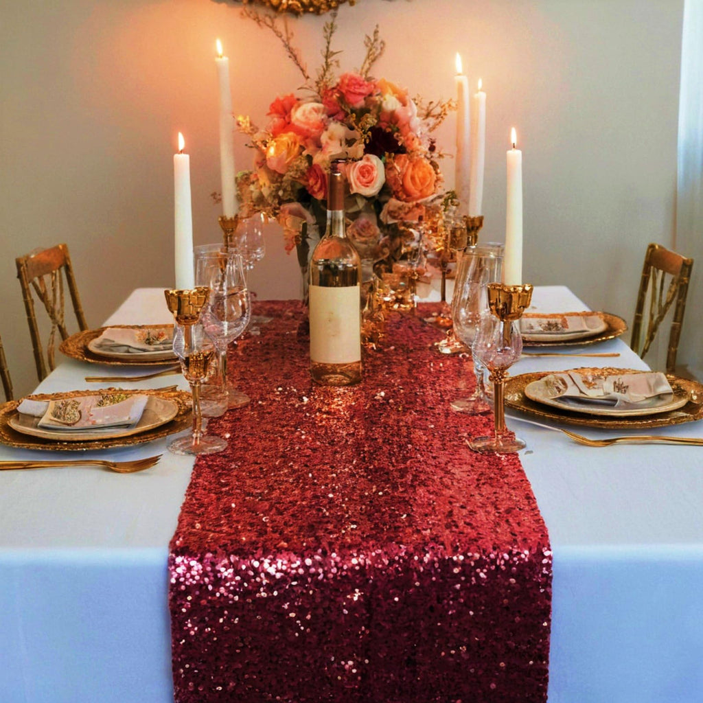 ShinyBeauty Sequin Table Runner Burgundy 12 by 108 Inch Wine Sparkle Sequence Table Cloth Runner Party Supplies Glitter Sequin Mesh Table Runner for Birthday Party Wedding Banquet Decoration
