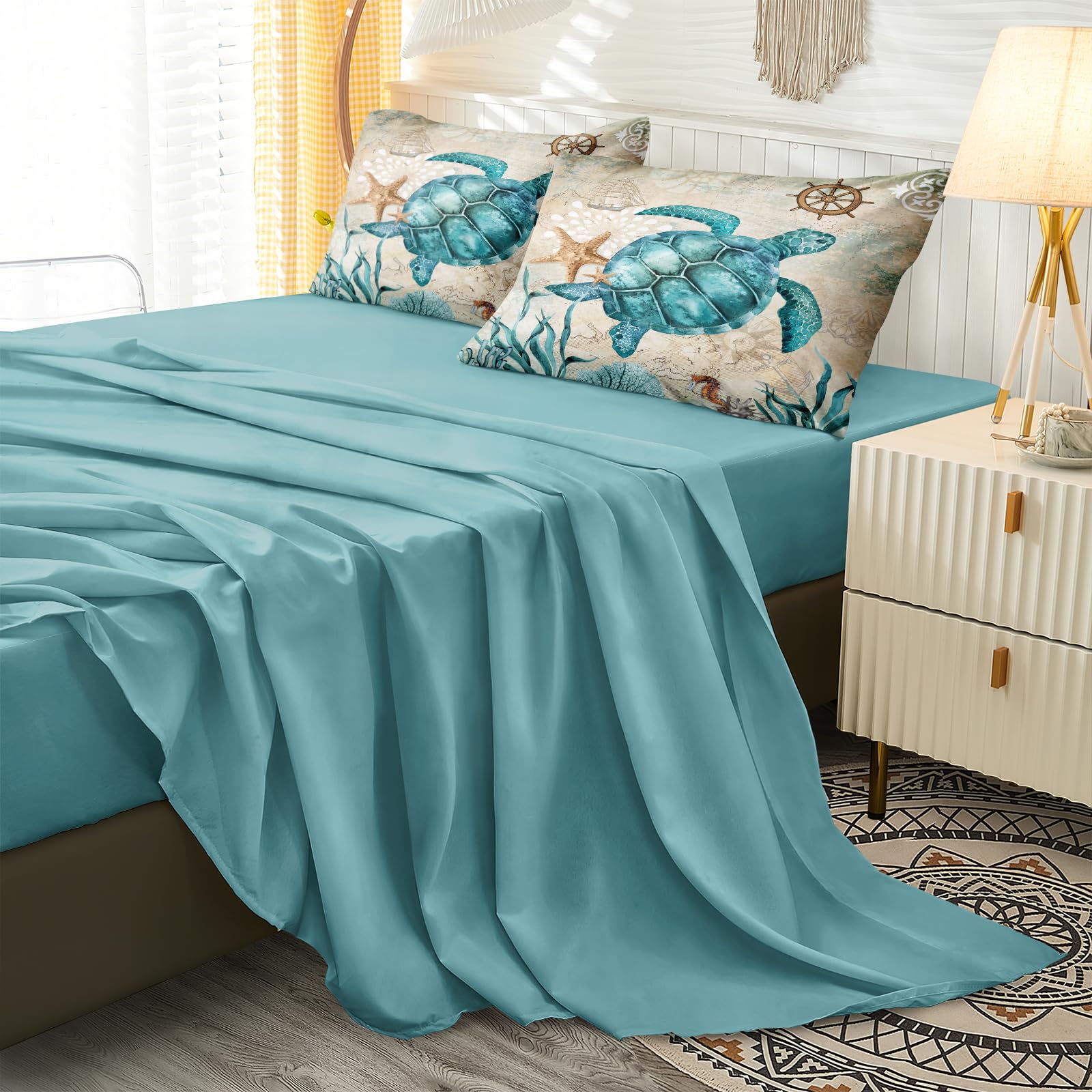 Merryword 8 Pieces Blue Green Comforter Set Full Size Ocean Life Bed in a Bag Turtle Beach Bedding Set Hawaii Style Summer Lightweight Bedding Comforter Set