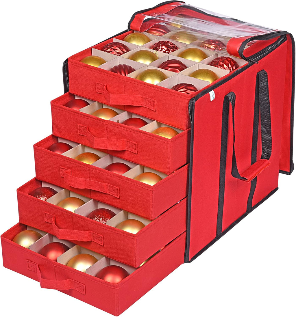 ProPik Christmas Ornament Storage Boxes - Durable Organizer with 5 Dividers for 100 Ornaments | Red Carrying Bag