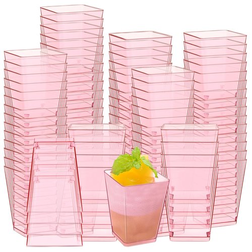 Mifoci 100 Pcs Pink 5 oz Plastic Dessert Cups Appetizer Cups for Parties Mini Square Disposable Dessert Bowls Parfait Bowls for Pudding Fruit Yogurt Ice Cream Mousse