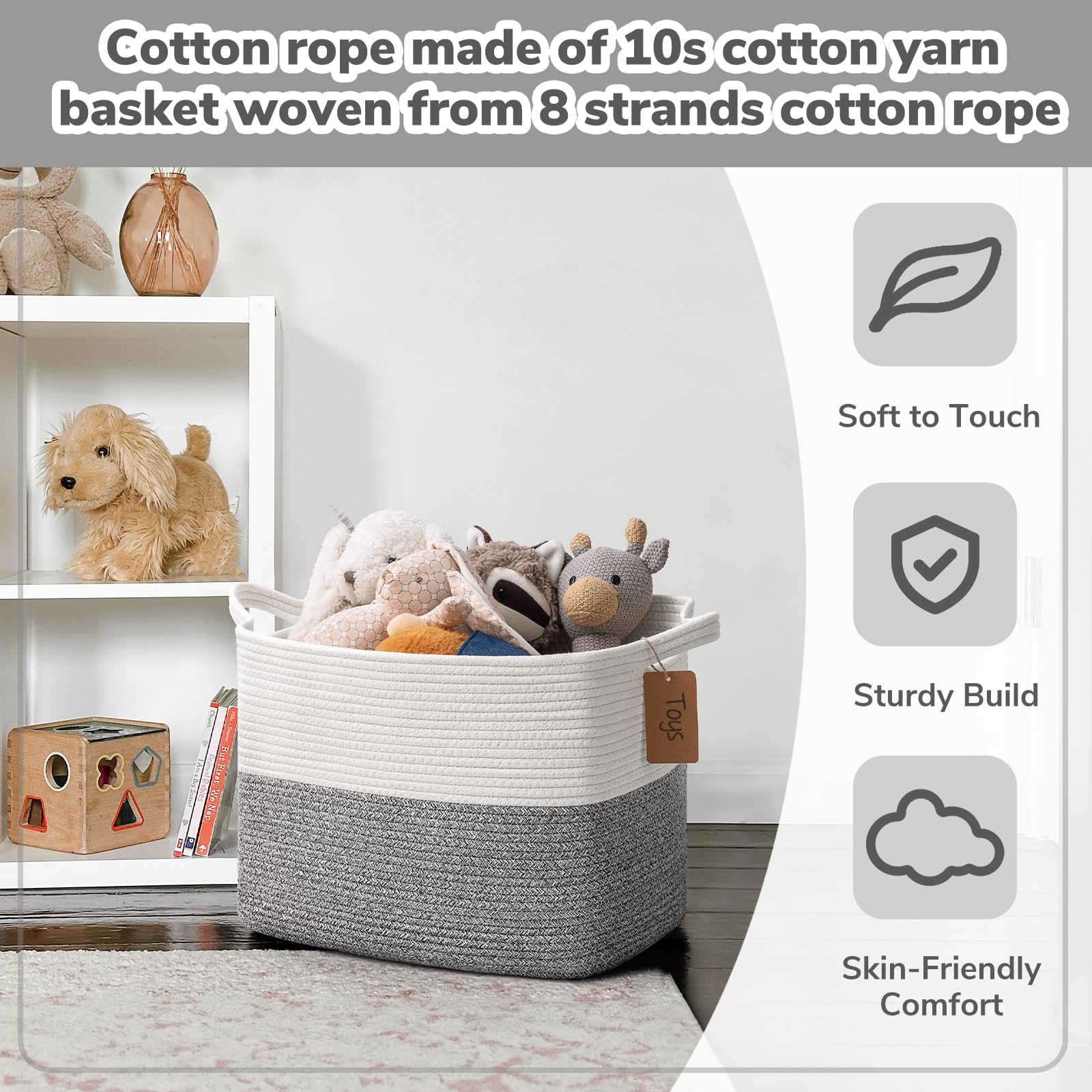 Goodpick Woven Storage Basket, Cotton Rope Baskets with Handles, Toy Baskets Storage Kids, Blanket Basket for Living Room, Bedroom, Gray and White, 18 x 14 x 12 Inches