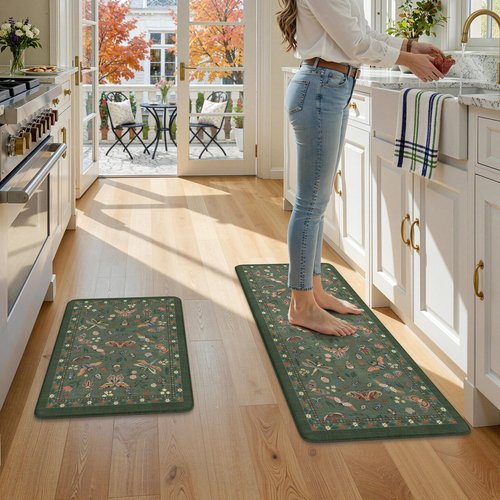 LEEVAN Anti Fatigue Mats for Kitchen Floor Non-Slip, Cushioned Kitchen Mats for Floor 20''x31''+20''x47'', Green Memory Foam Kitchen Mat Set