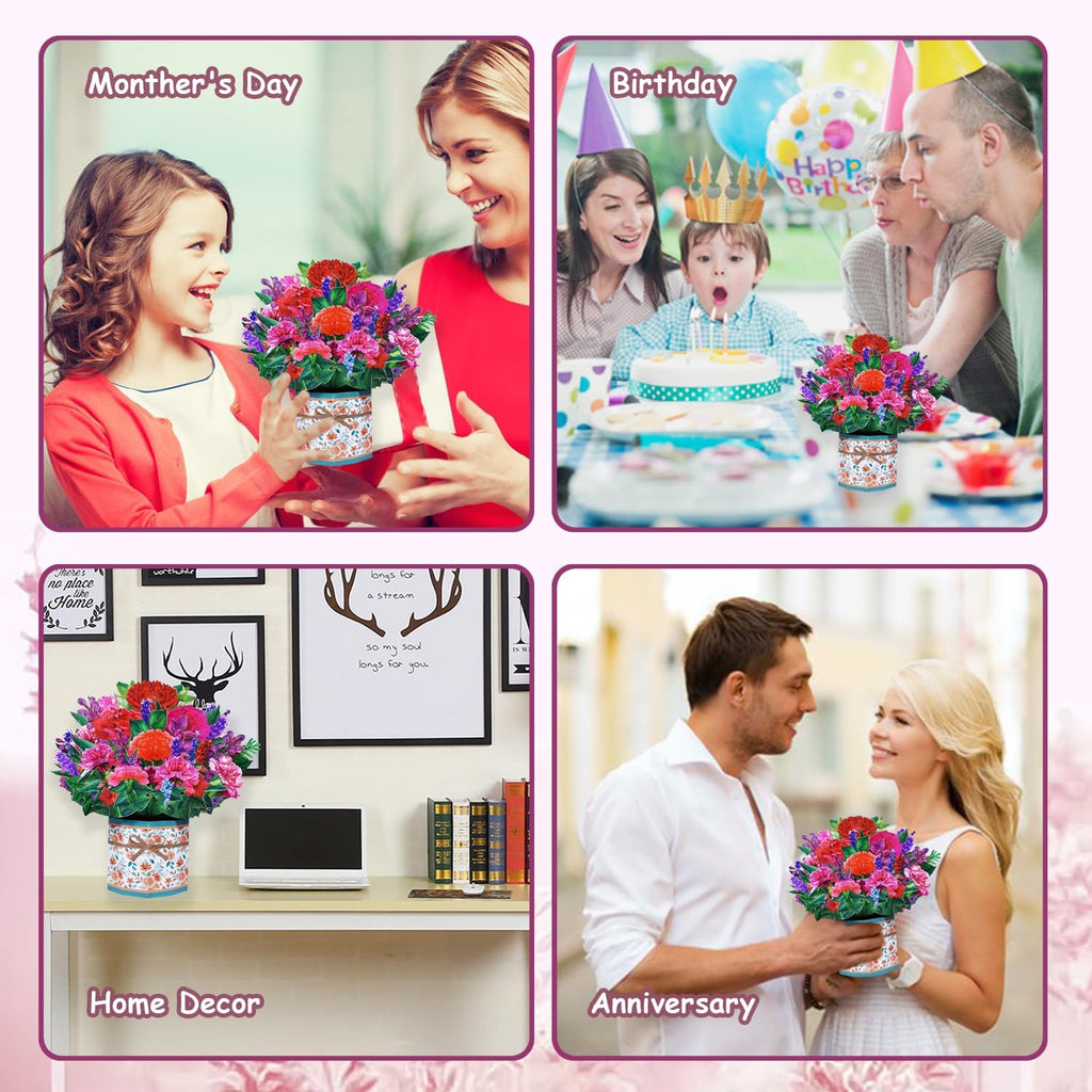ROBBEAR 3D Carnation Bouquet Pop-Up Card - Perfect Flower Greeting Card for Any Occasion | Birthday, Mother's Day, Anniversary