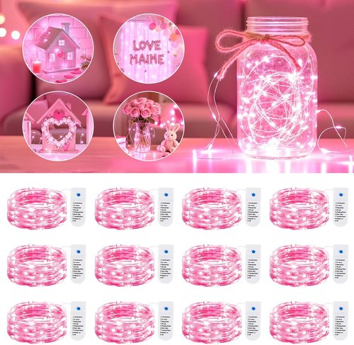 Minetom 12 Pack Pink Christmas Lights - 7ft Battery Operated Fairy Lights | 20 LED Waterproof Twinkle Lights for Valentine's Day Decor