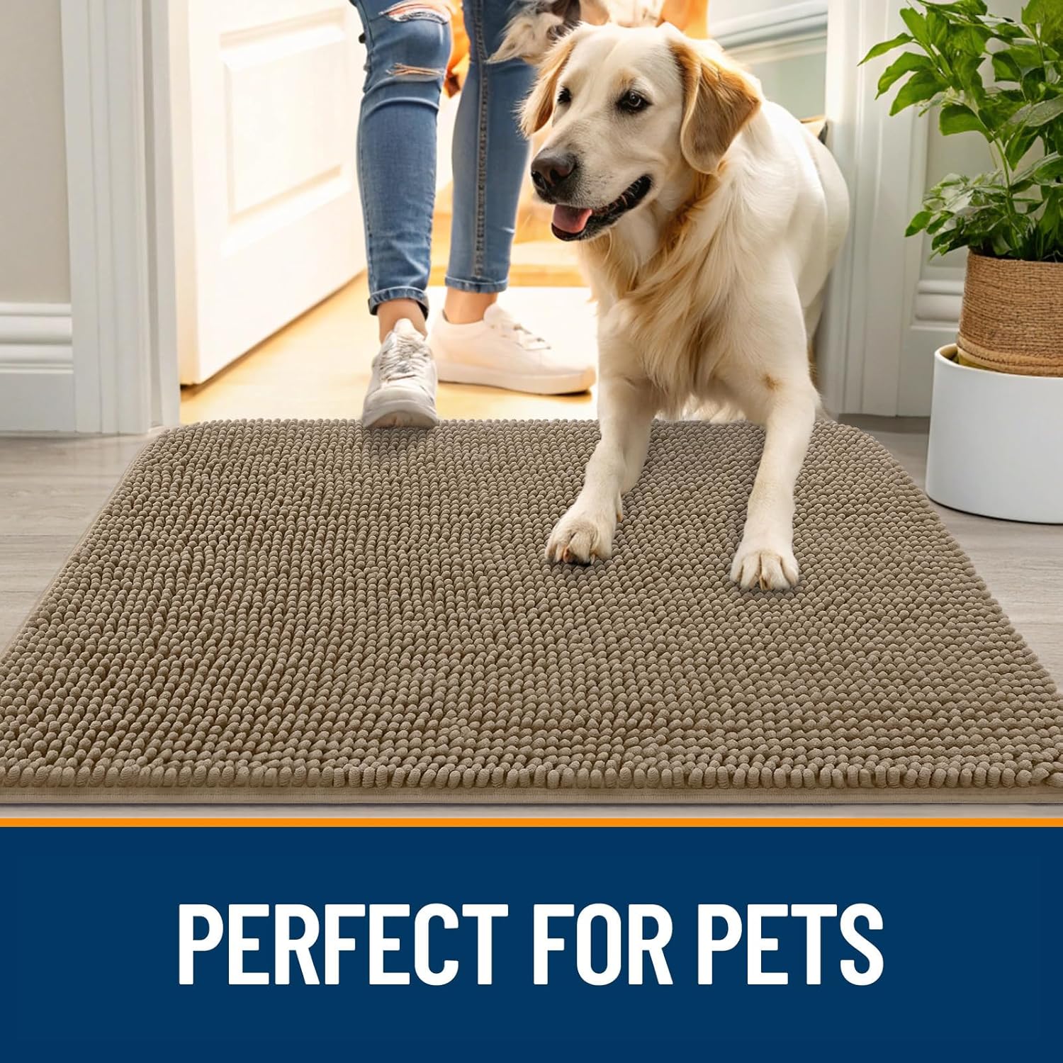 OLANLY Dog Door Mat - Absorbent Non-Slip Chenille Mat for Muddy Paws | 47x20 Tan Indoor Entryway Carpet