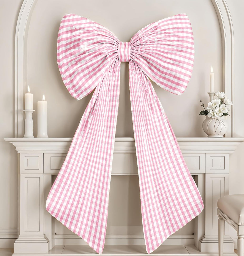 Skiennix Giant Pink & White Checkered Bow - Perfect for Girls' Birthday Party Decor | Textured Cotton, Large Size