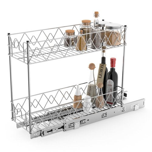Glolaurge Narrow Pull Out Cabinet Organizer - 7" W x 21" D, 2-Tier Kitchen Cabinet Drawer Slide Out Shelves, Chrome