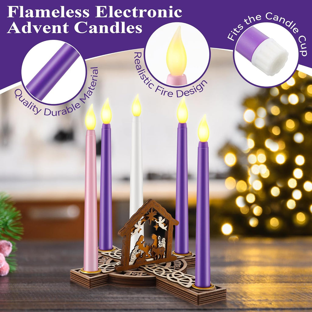 Regine Switzerland Christmas Advent Wreath Candle Holder - 5 Pcs Flameless Candles & Wood Cross Nativity Scene