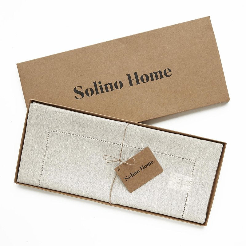 Solino Home Linen Light Natural Table Runner 120 Inches Long - 100% Pure Linen 16 x 120 Inch Table Runner for Spring, Summer, Mothers Day - Classic Hemstitch