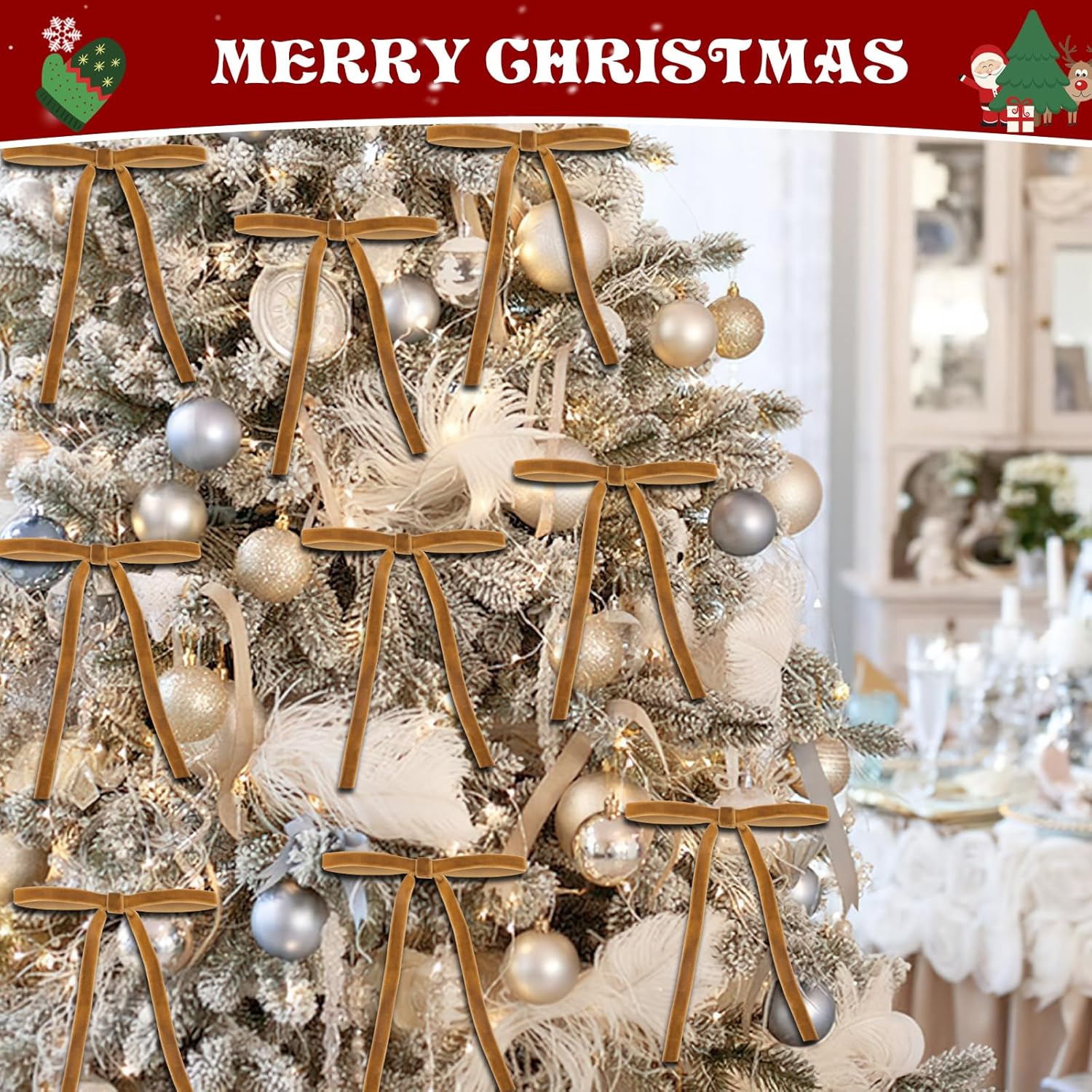 Skiennix Velvet Christmas Tree Bows - Elegant Khaki Pre-Tied Ornaments | 24 Pcs, 5”x7” for Holiday Décor