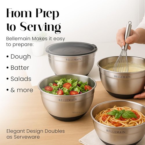 Bellemain Mixing Bowls Set - Stainless Steel Bowls with Airtight Lids | 3-Piece Kitchen Essentials for Baking & Serving