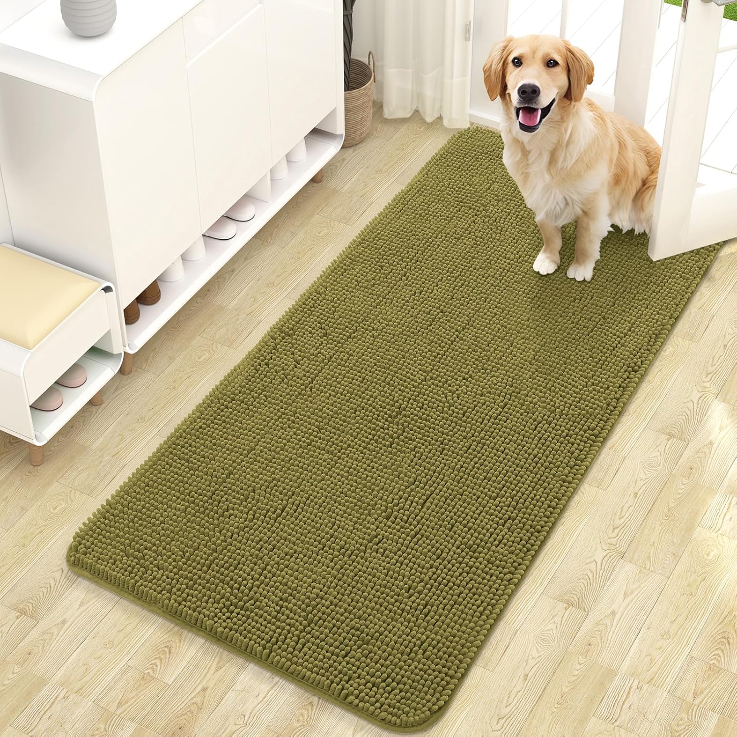 OLANLY Dog Door Mat - Absorbent Non-Slip Washable Doormat for Muddy Paws | 47x24 Inches, Willow Green