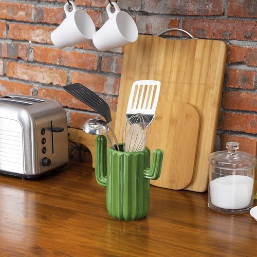 MyGift Ceramic Cactus Utensil Holder, Southwestern Green Countertop Crock – Durable Kitchen Organizer for Spoons, Paintbrushes, Desert & Cactus Home Decor